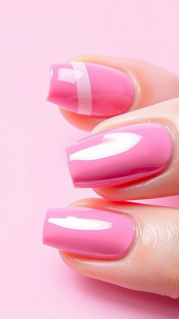 Close-up of glossy pink chrome nails with different shades of pink.
