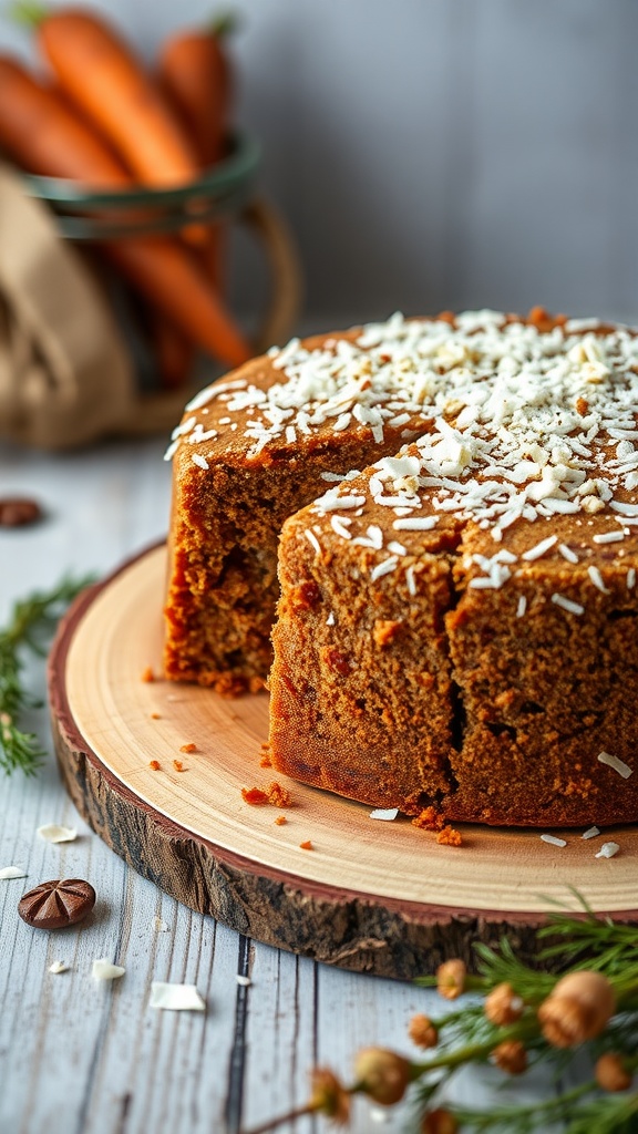 A slice of gluten-free carrot cake on a wooden plate, surrounded by ingredients like carrots and nuts.