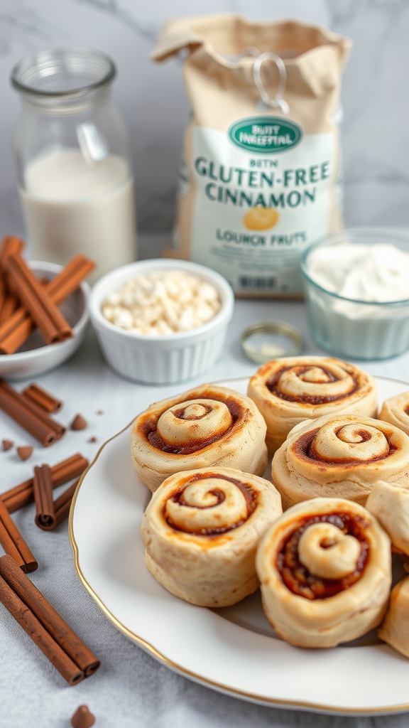 A plate of gluten-free cinnamon rolls with a bag of gluten-free cinnamon in the background.
