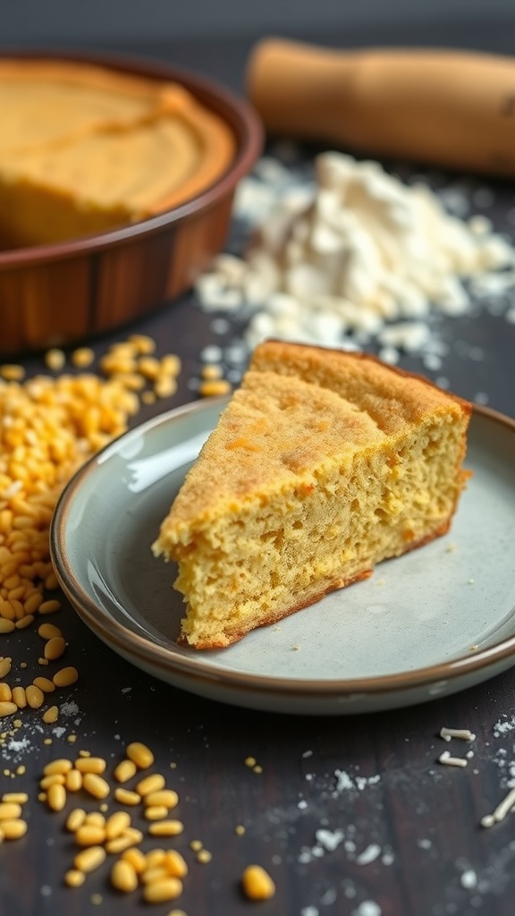 A slice of gluten-free cornbread on a plate with scattered corn kernels and flour around.
