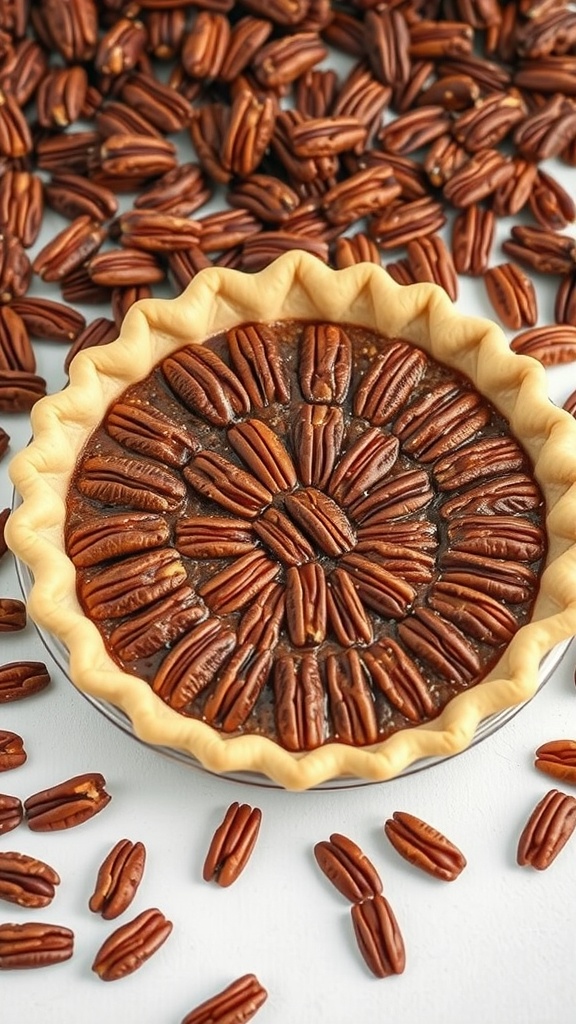 A freshly baked gluten-free pecan pie with a flaky crust and a glossy, nutty filling topped with whole pecans.