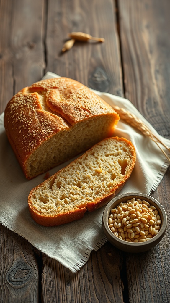 A loaf of golden millet bread sliced with sunflower seeds