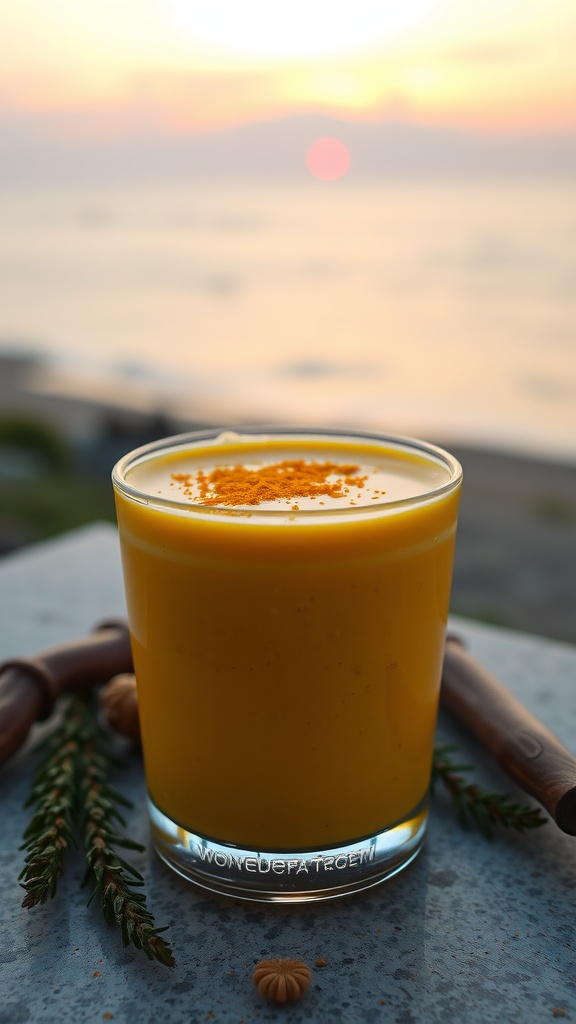 A glass of golden turmeric smoothie garnished with turmeric powder.