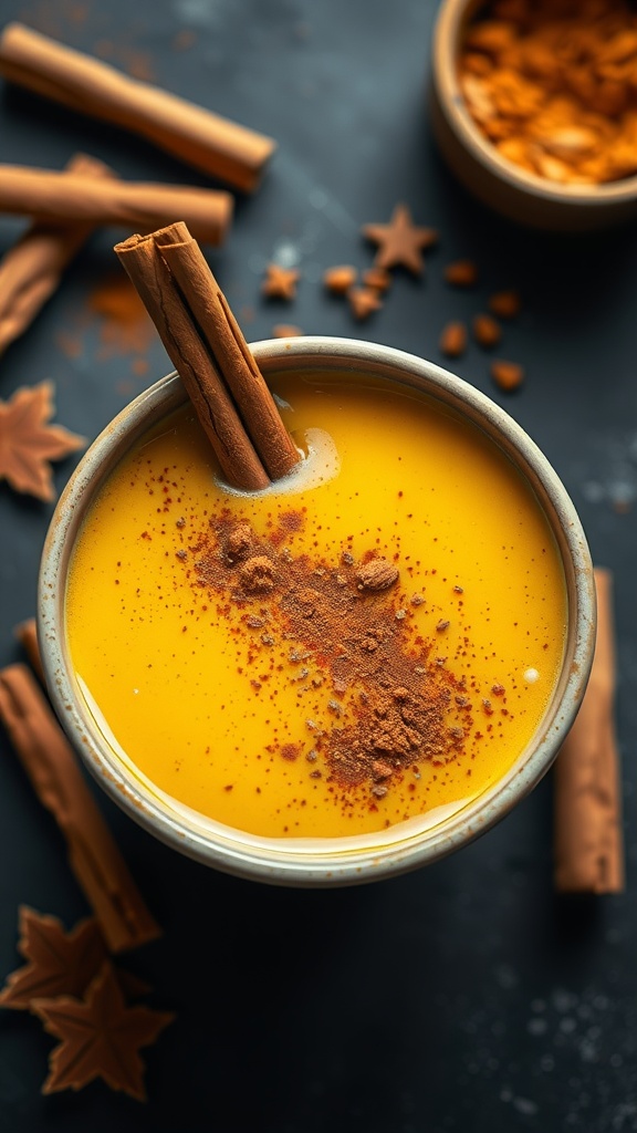 A golden turmeric smoothie topped with a sprinkle of cinnamon and garnished with cinnamon sticks.