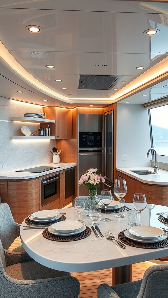 Elegant yacht kitchen and dining area with a round table, stylish chairs, and modern amenities.