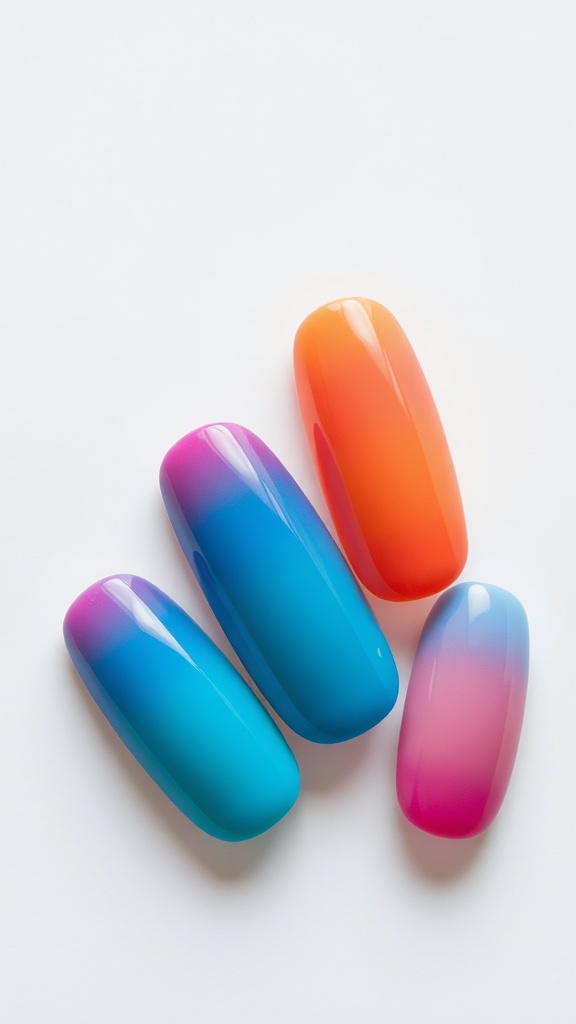 Four nails with gradient color transitions from blue to orange.