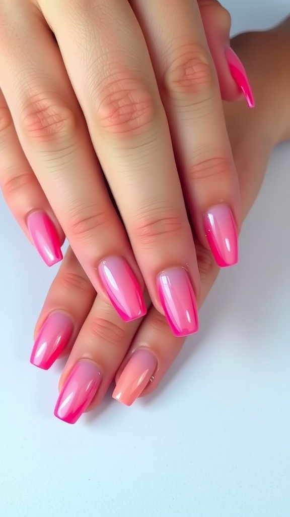 Stylish gradient pink chrome nails with a blend of light and dark shades.
