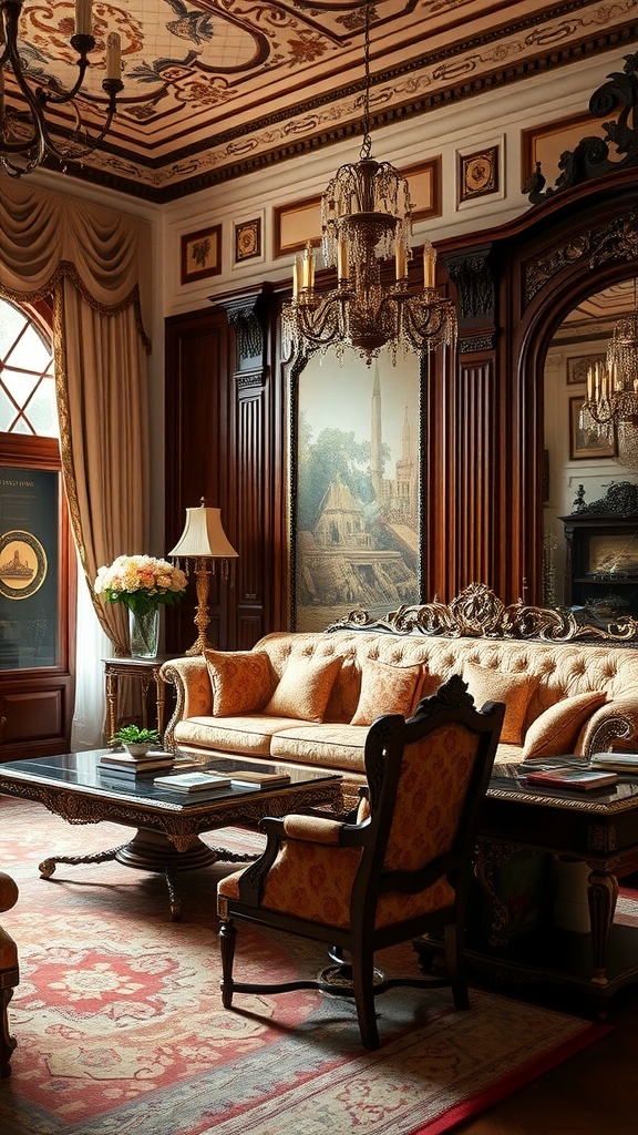 A luxurious old money interior with ornate furniture and elegant decor.