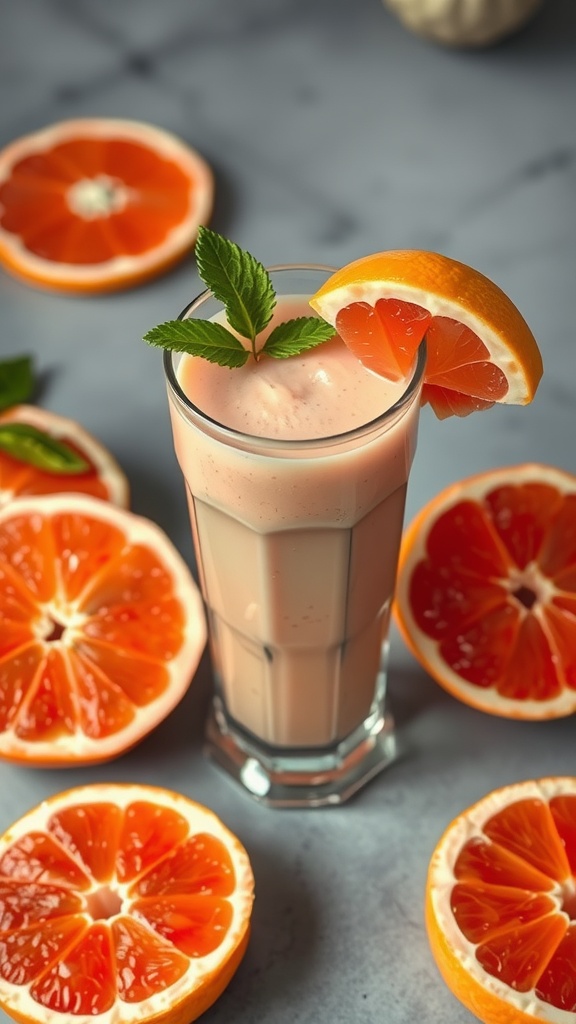 A refreshing grapefruit citrus smoothie garnished with an orange slice and mint, surrounded by halved grapefruits.