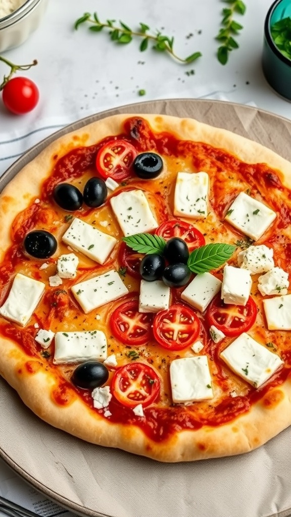 A delicious Greek Style Keto Pizza topped with feta, olives, and tomatoes.
