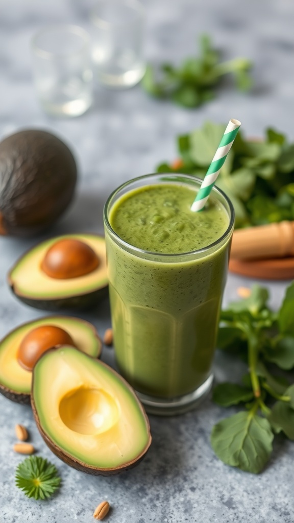 A glass of green smoothie with avocado and spinach, surrounded by fresh ingredients.