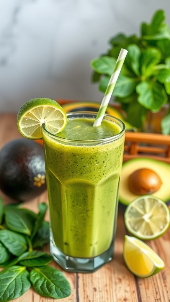 A refreshing green smoothie with lime and avocado, surrounded by fresh ingredients.