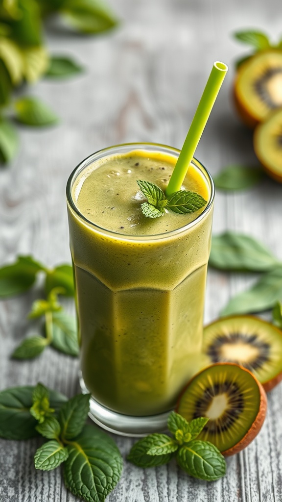 A refreshing green maca smoothie served in a glass with a straw, surrounded by mint leaves and sliced kiwi.