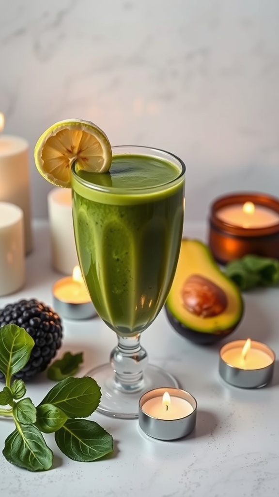 A green smoothie in a glass, garnished with a lemon slice, surrounded by candles and fresh ingredients.