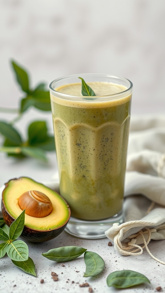 A creamy green tea avocado smoothie in a glass, surrounded by fresh avocado and leaves.