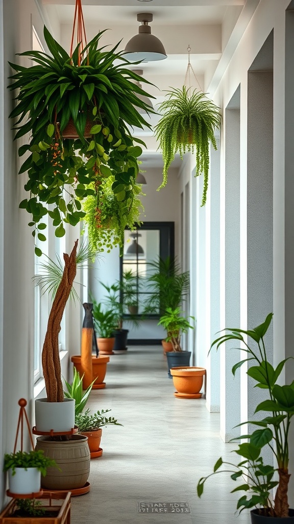 A hallway decorated with various indoor plants, including hanging and potted greenery.