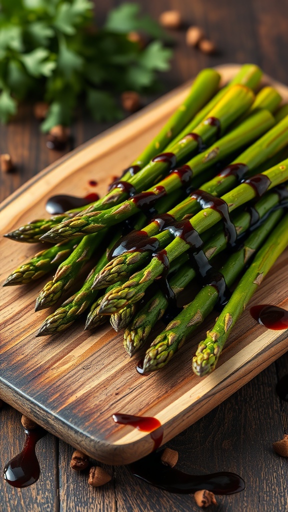 Grilled asparagus drizzled with balsamic glaze on a wooden platter.