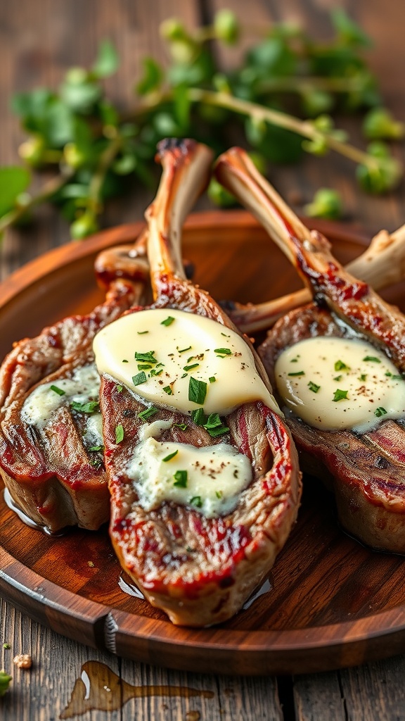 Grilled lamb chops with garlic herb butter on a wooden plate, garnished with herbs