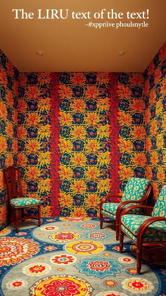 Interior design from the 70s featuring bold patterns and vibrant colors.