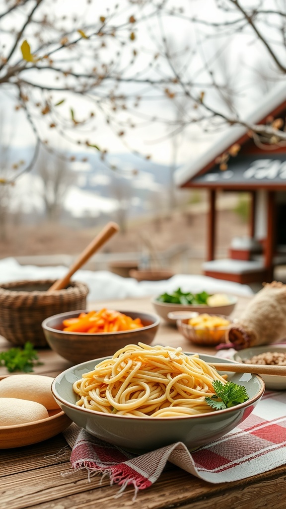 A bowl of Hakka noodles with colorful vegetables, ready to be served.