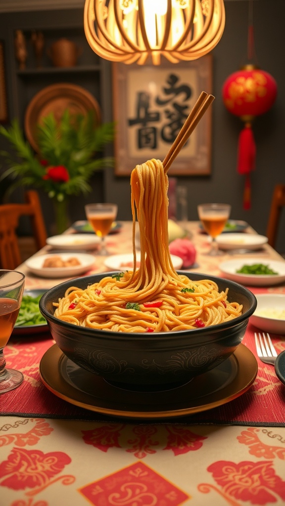 A bowl of Hakka noodles with chopsticks, set on a beautifully arranged dining table