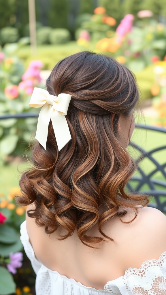 A half-up hairstyle featuring soft curls and a white bow, set against a colorful garden backdrop.
