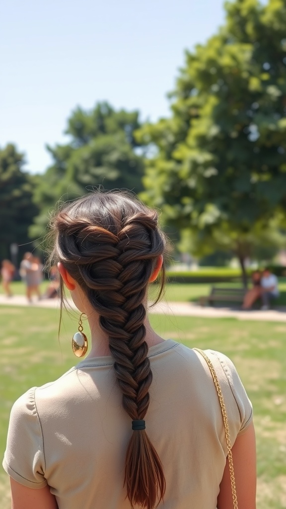A woman with half-up half-down box braids enjoying a sunny day in the park.