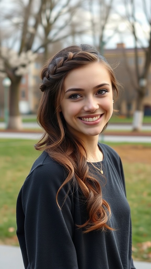 A smiling woman with a half-up half-down braid hairstyle, standing outdoors.