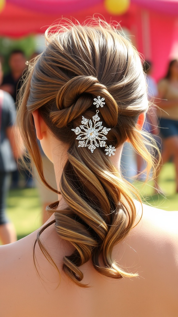 A half-up half-down ponytail hairstyle with decorative elements.