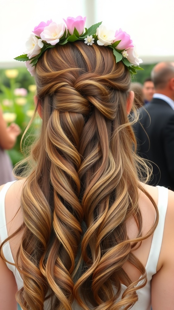 Half-up half-down hairstyle with curls and floral crown