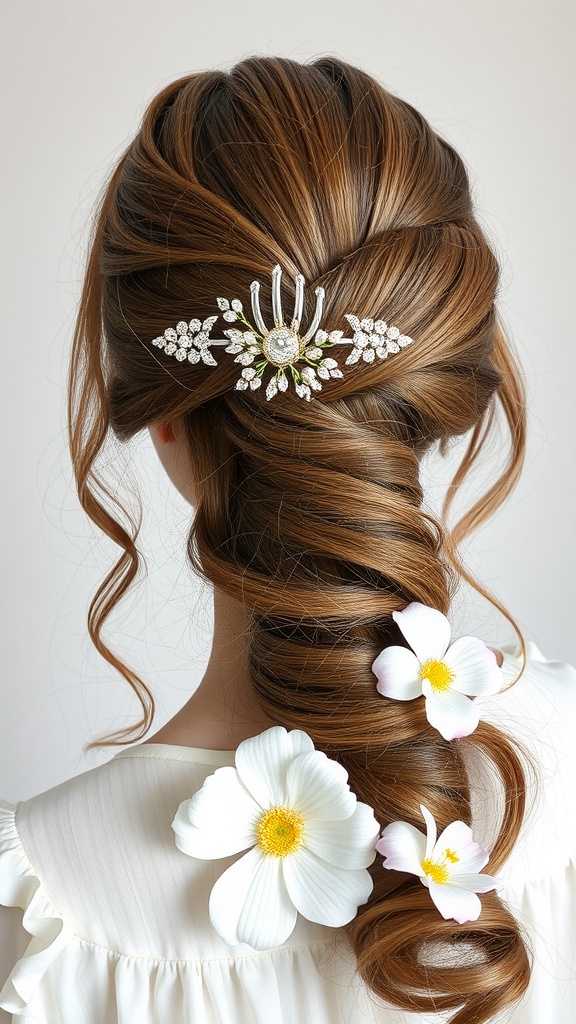 Half-up half-down hairstyle secured with a claw clip, adorned with flowers.