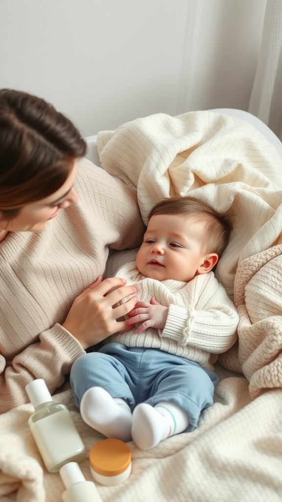 A mother holding her baby in a cozy setting, surrounded by soft blankets and baby care products.