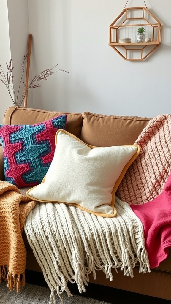 A cozy couch with colorful throw pillows and a knitted blanket.