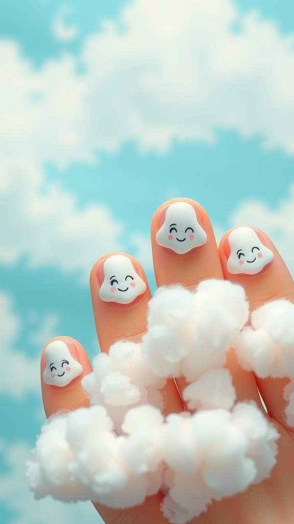 Cute summer nails with happy cloud faces design.