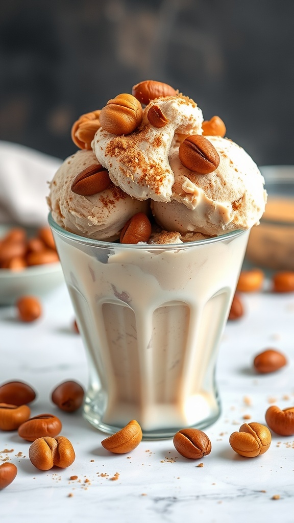 A delicious scoop of hazelnut coffee crunch keto ice cream topped with roasted hazelnuts.