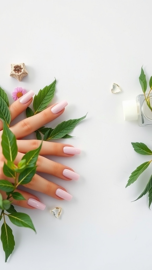 Close-up of hands with square acrylic nails surrounded by leaves and decorative elements.
