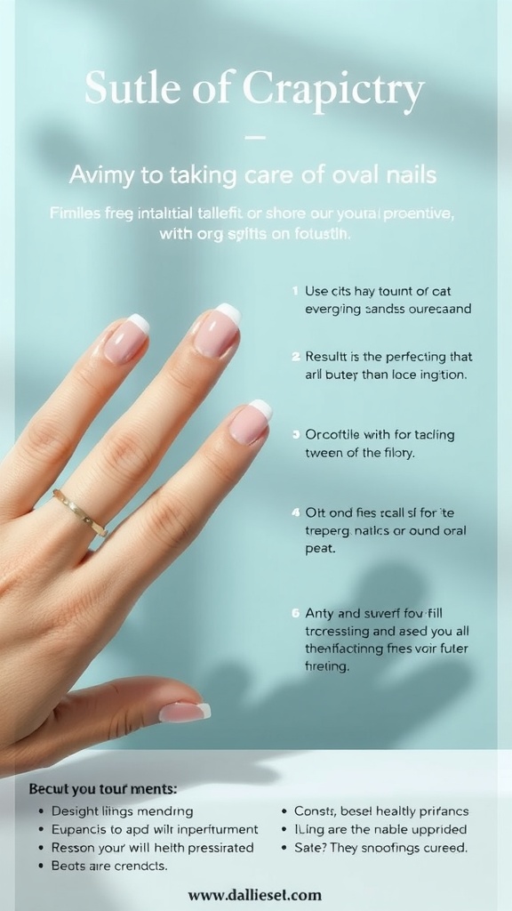 A hand showing oval nails with a gentle polish and a ring, emphasizing nail care.