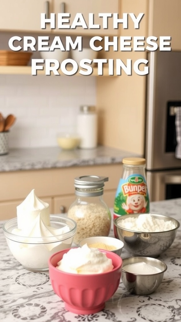 Healthy cream cheese frosting ingredients and preparation setup
