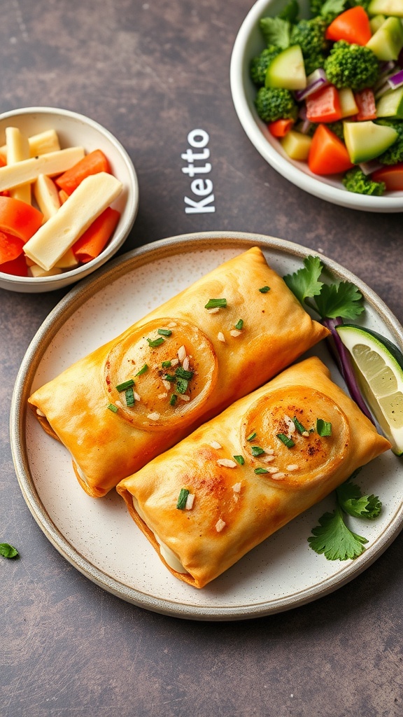 Keto egg rolls served with fresh vegetables on a plate.