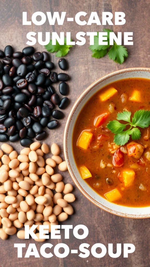 A bowl of keto taco soup with vegetables and spices.