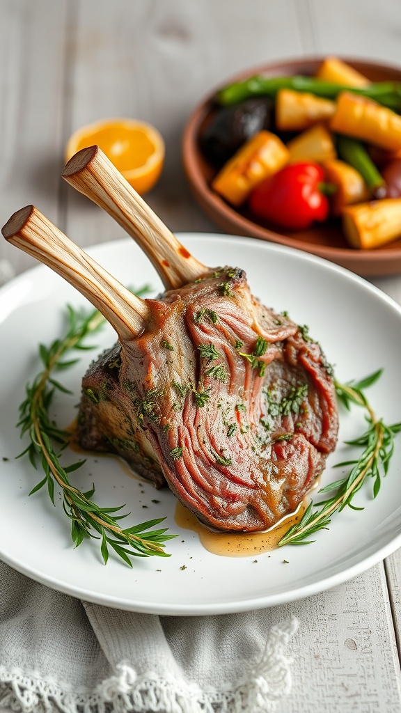 A beautifully plated herb-crusted rack of lamb garnished with fresh herbs.
