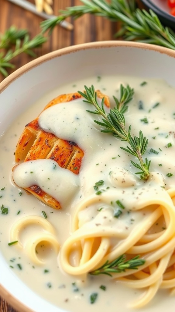 A bowl of herb-infused alfredo sauce over pasta with fresh herbs on top.