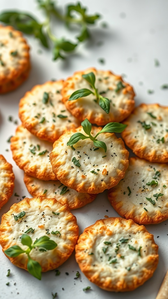 Herb-infused coconut flour crackers stacked on a white surface