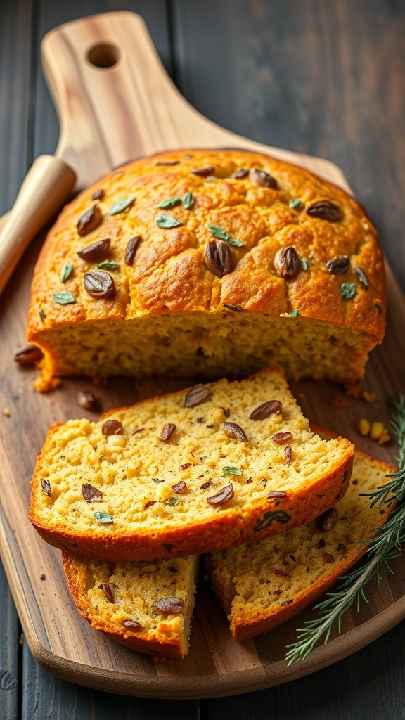 Sliced herb-infused cornbread with herbs on a wooden cutting board.