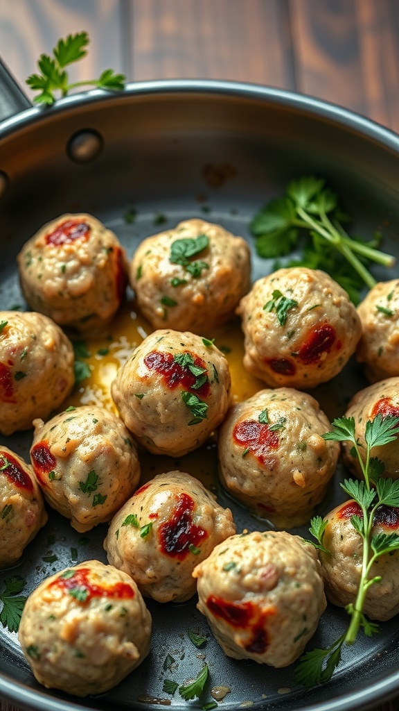 A skillet filled with herb-infused turkey meatballs garnished with fresh parsley.