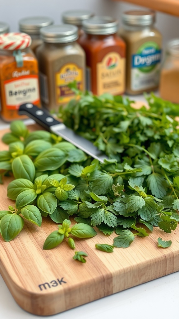 Chopped fresh herbs on a cutting board with various spices in jars in the background.