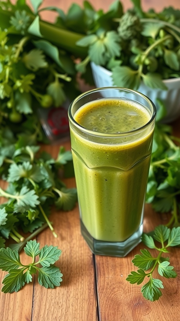 A green detox smoothie surrounded by fresh herbs and greens.