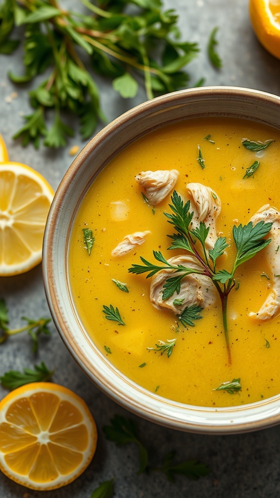 A bowl of herbed chicken lemon soup with parsley and lemon slices