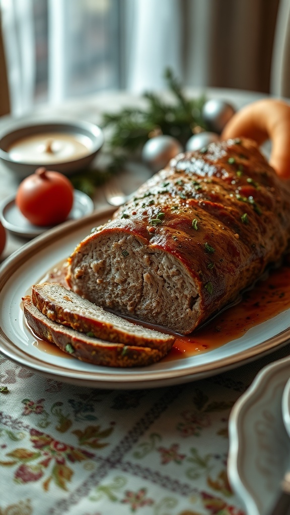 Herbed turkey keto meatloaf served on a platter with slices cut.