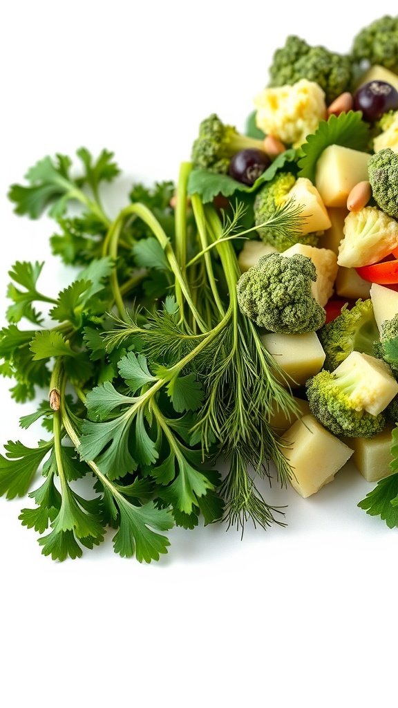 A vibrant broccoli salad with fresh herbs, vegetables, and toppings.
